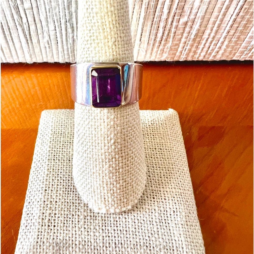Emerald cut Amethyst set in wide 14 KT Gold on Sterling Silver Band